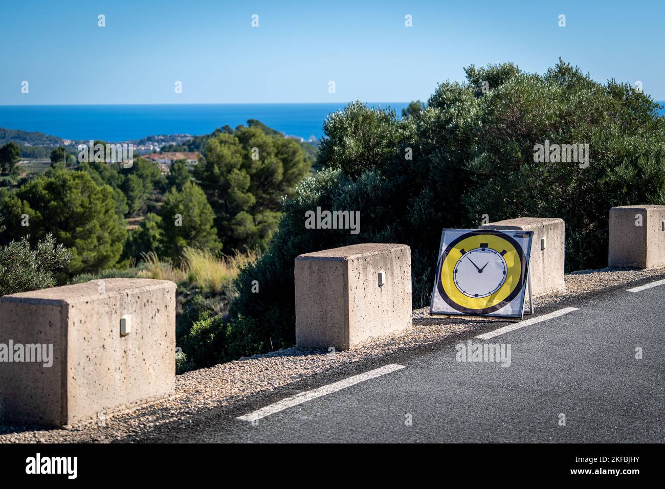 Time control signal of a rally on a Mediterranean road Stock Photo