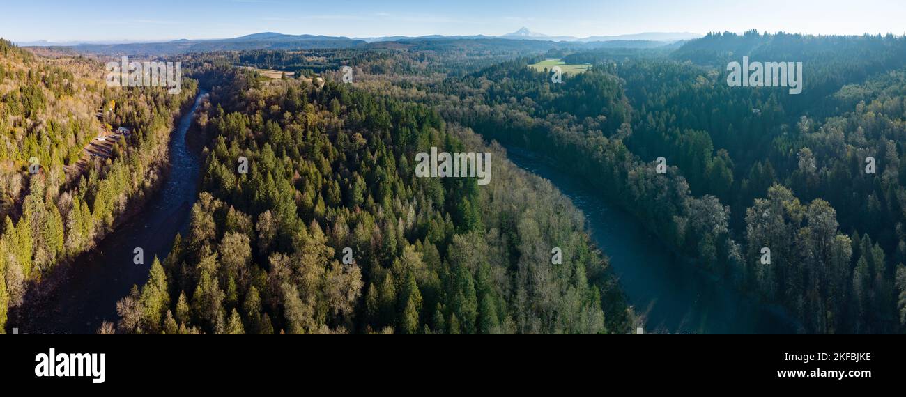 An aerial view shows the Sandy River flowing through a healthy forest near Mount Hood, Oregon. Forests cover large swaths of land throughout Oregon. Stock Photo