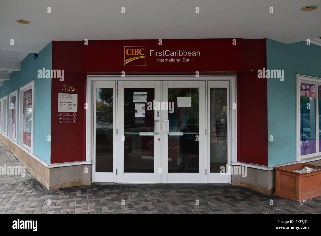 Front entrance to the First Caribbean International Bank along Bay