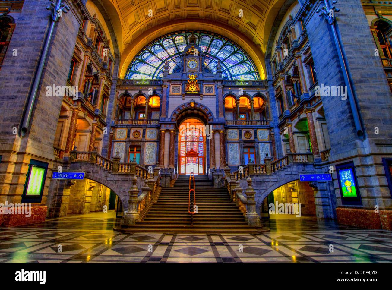 The interior of the famous Antwerp central station with illuminated arches in Belgium Stock