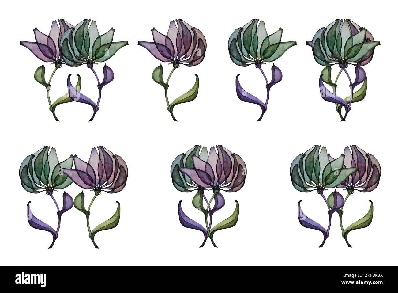 Fantasy hand drawn watercolor purple and green flowers for weddings, birthdays, Halloween, invitations, cards. Elements isolated on white BG Stock Photo