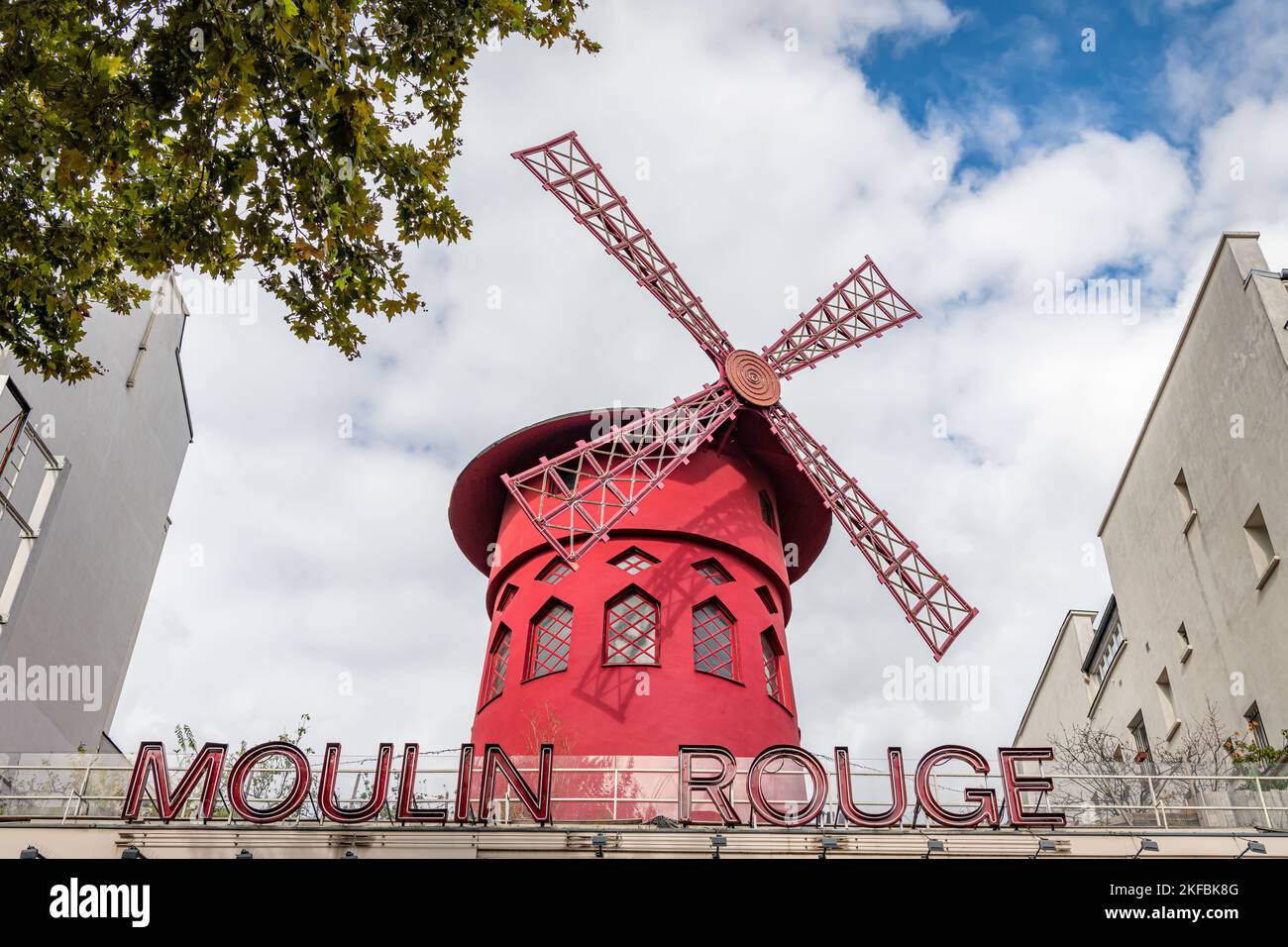 Moulin Rouge sign and Red Windmill, Paris, France Stock Photo