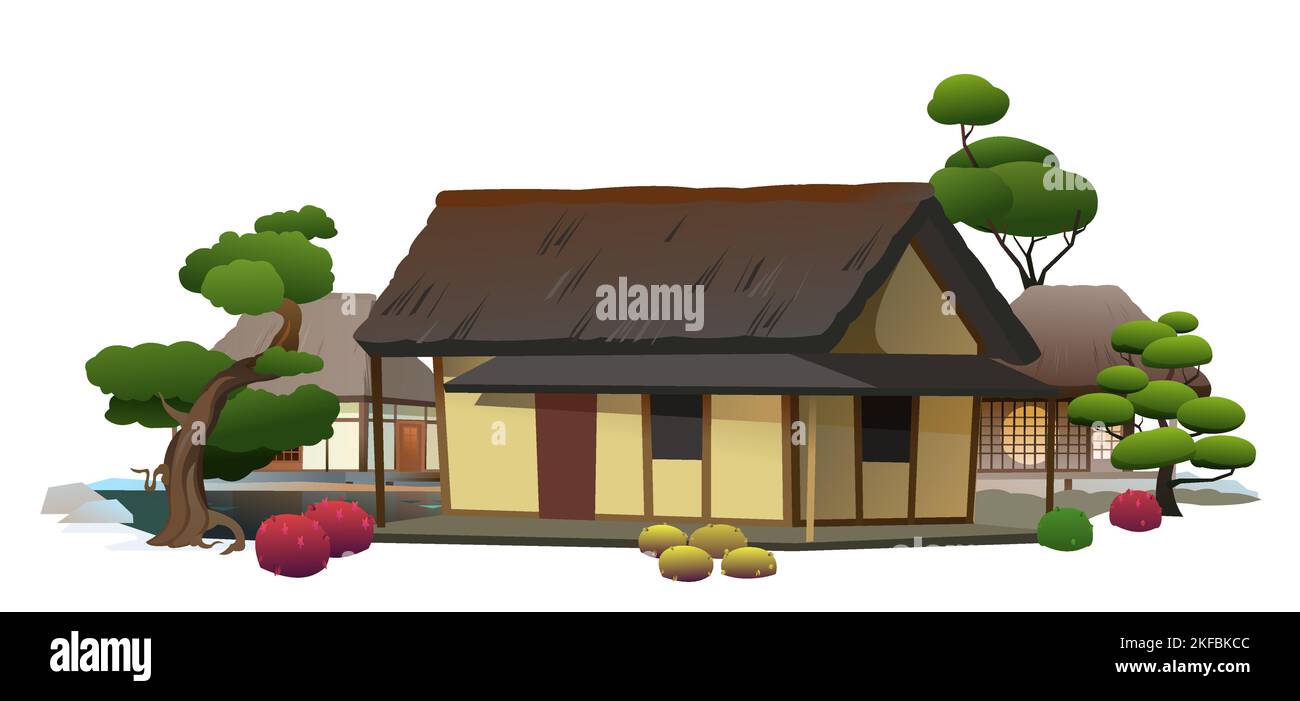 Traditional Japanese house. Small village. Rural dwelling with thatched roof. illustration vector. Stock Vector