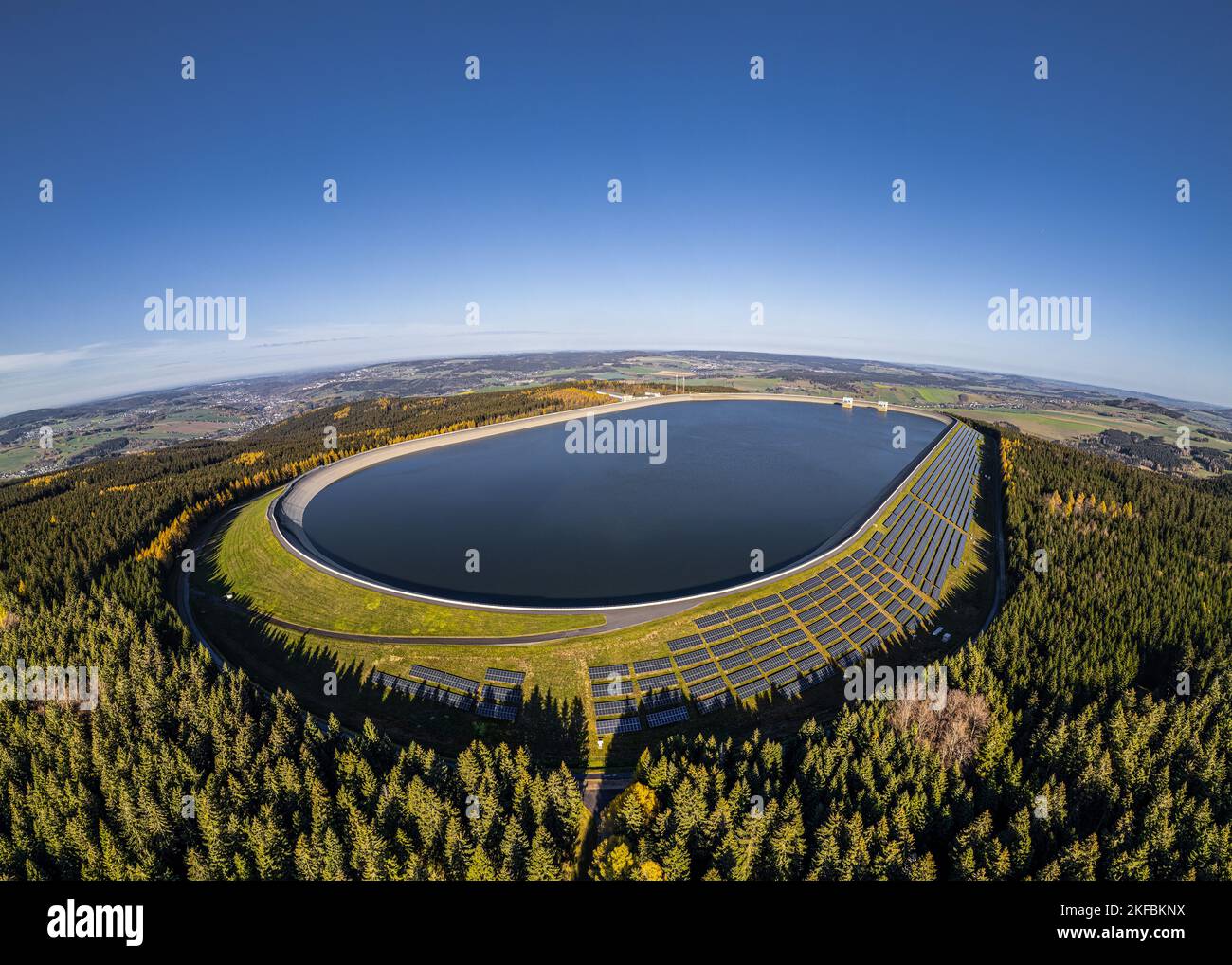 Hydropower as renewable energy, aerial view of the upper reservoir of the Markersbach pumped storage power plant, Saxony, Germany Stock Photo