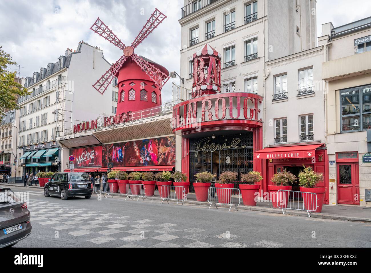 Moulin Rouge sign and Red Windmill, Paris, France Stock Photo