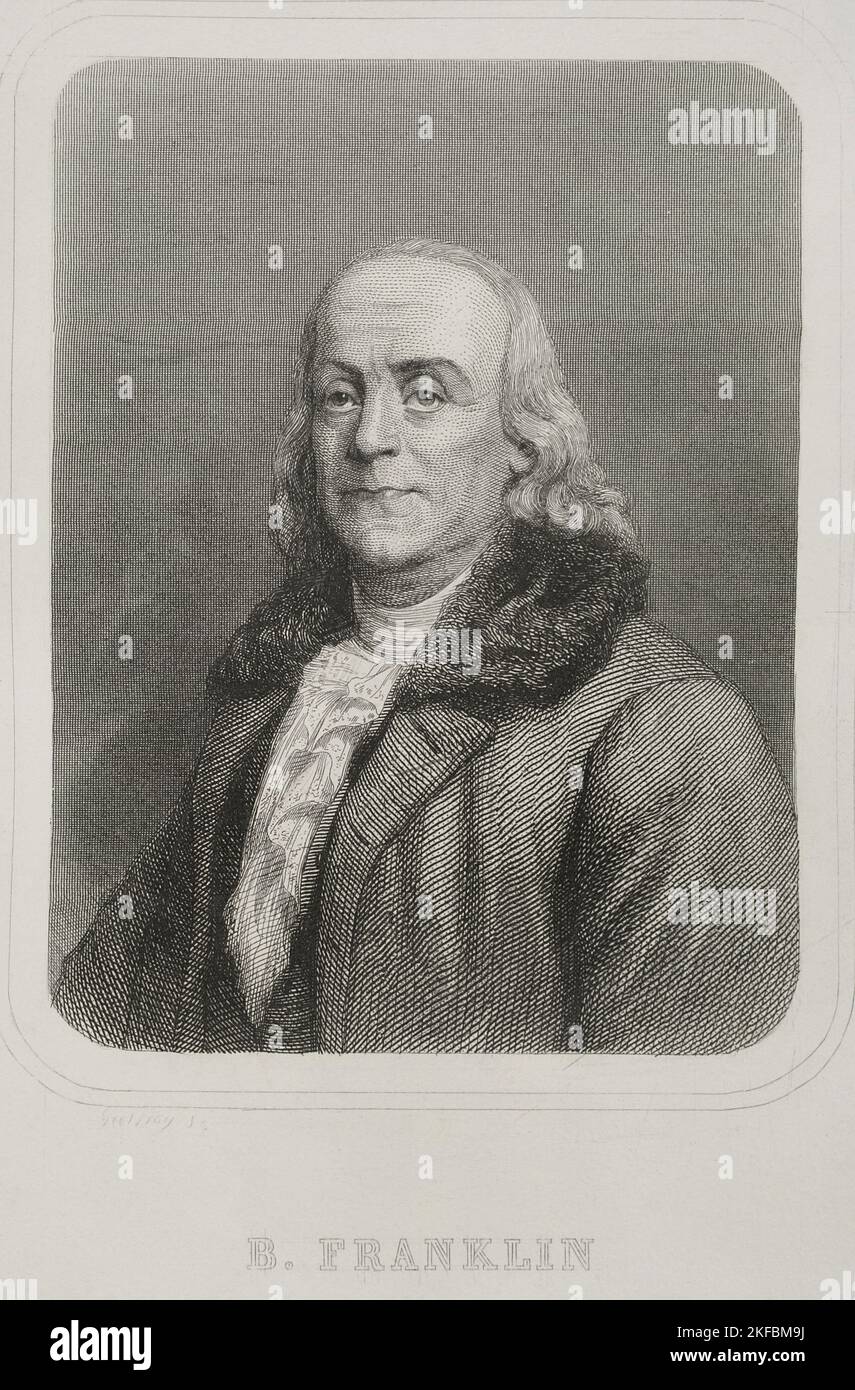 Benjamin Franklin (1706-1790). American scientist, inventor and politician. In 1776 he wrote, with Jefferson and John Adams, the Declaration of Independence of the United States of America. Portrait. Engraving by Geoffroy. 'Historia Universal', by César Cantú. Volume VI. 1857. Author: Charles Geoffroy (1819-1882). French engraver. Stock Photo