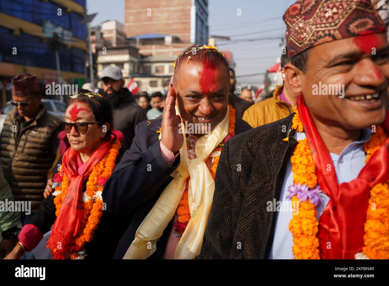 Kathmandu, Nepal. 17th Nov, 2022. Nepali Congress leader GAGAN THAPA, who claims to be the party's next prime ministerial candidate, solicits votes in his constituency on the last day of the election campaign, in Kathmandu. (Credit Image: © Aryan Dhimal/ZUMA Press Wire) Stock Photo