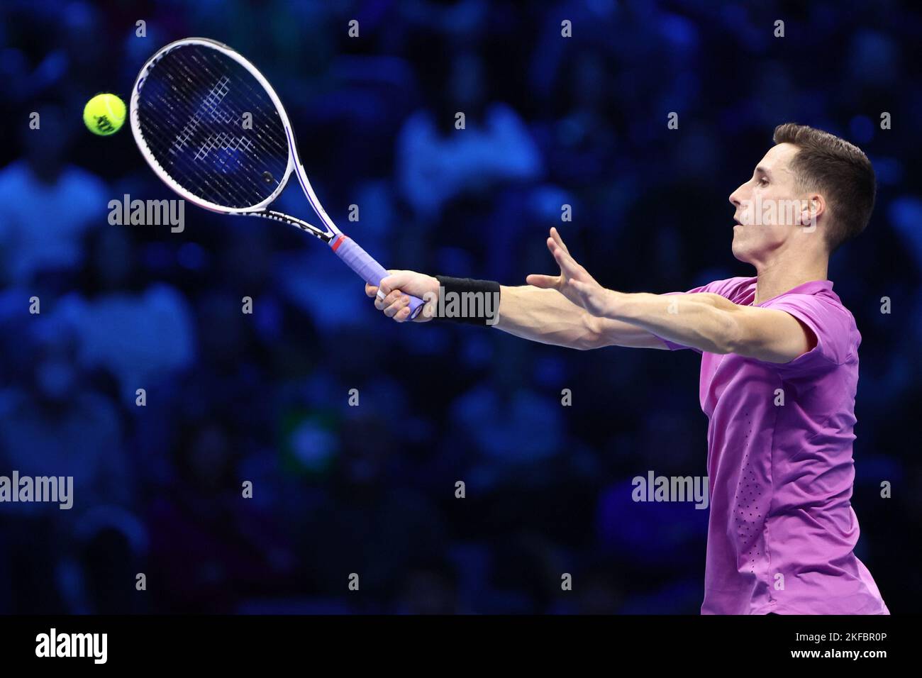 Turin, Italy,17/11/2022, Joe Salisbury of Great Britain controls the ball during the Round Robin Red Group double match between Marcelo Arevalo of El Salvador and Jean-Julien Rojer of Holland against Rajeev Ram of USA and Joe Salisbury of USA on Day Five of the Nitto ATP World Tour Finals at Pala Alpitour on November 17, 2022 in Turin, Italy Stock Photo