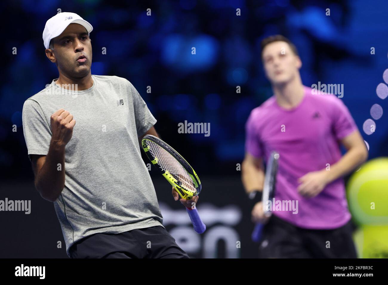 Turin, Italy,17/11/2022, Rajeev Ram of USA celebrates during the Round Robin Red Group double match between Marcelo Arevalo of El Salvador and Jean-Julien Rojer of Holland against Rajeev Ram of USA and Joe Salisbury of USA on Day Five of the Nitto ATP World Tour Finals at Pala Alpitour on November 17, 2022 in Turin, Italy Stock Photo