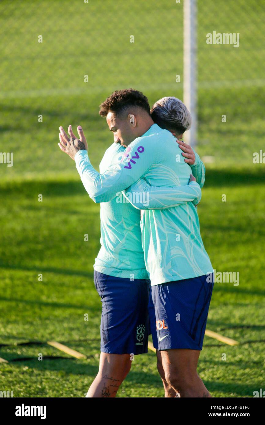 Bruno Guimaraesof Brazil and Danilo of Brazil during Brazil National football team traning, before the finale stage of the World Cup 2022 in Qatar, at Stock Photo