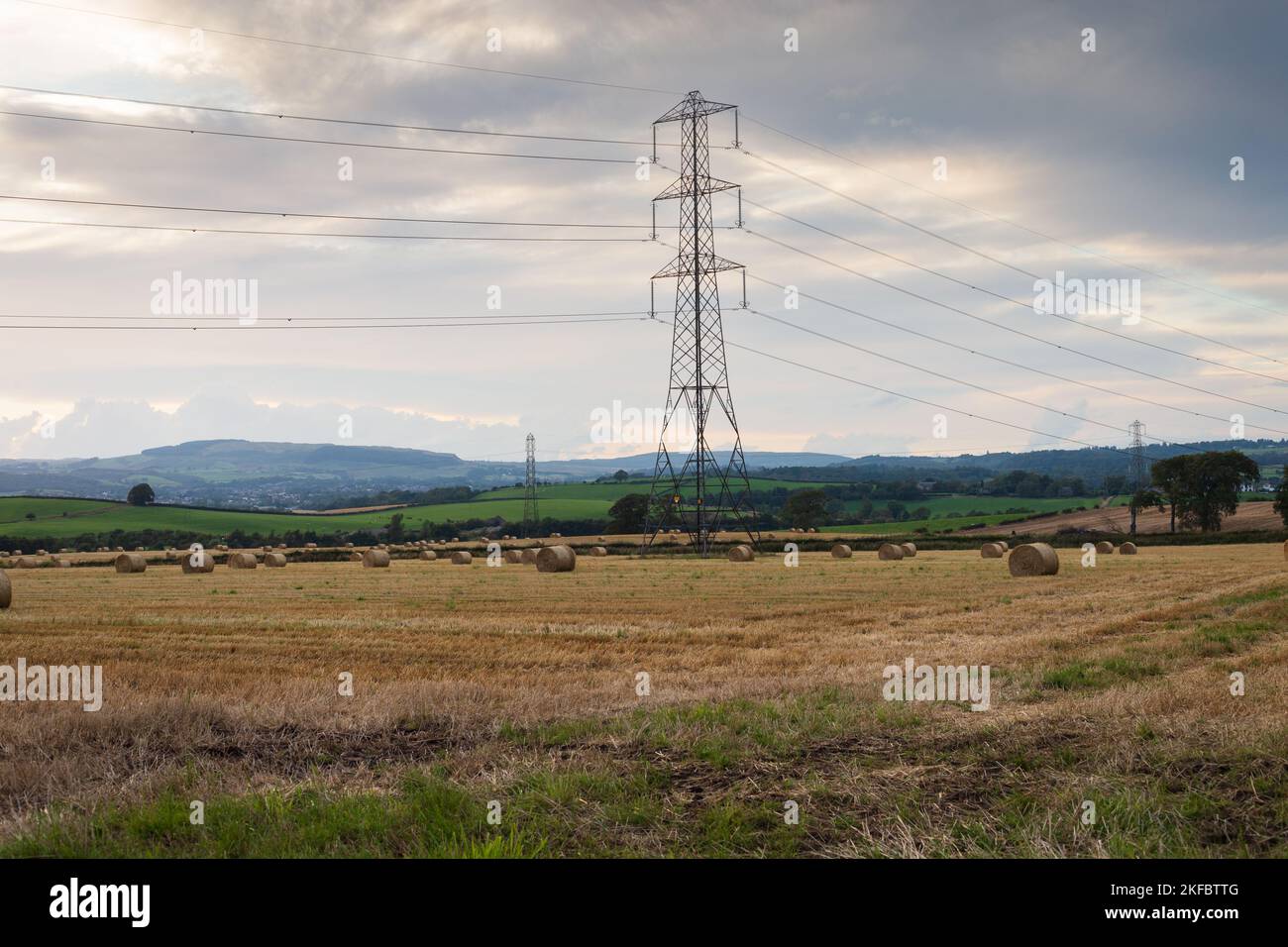 Power Pylons in a farm field Stock Photo