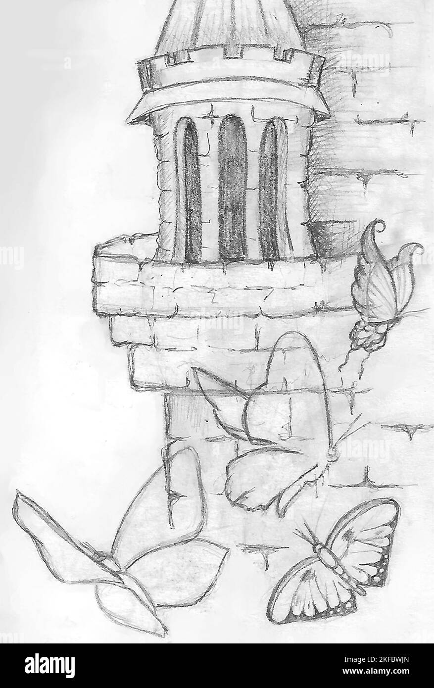 black and white drawing with a simple pencil of soaring butterflies against the background of a medieval castle, background, art Stock Photo