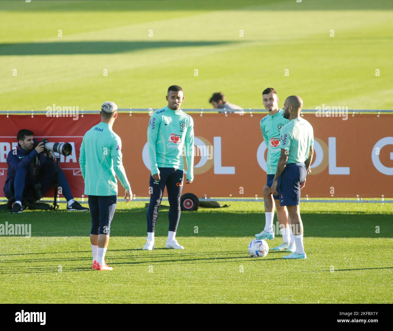Antony of Brazil with Dani Alves of Brazil during Brazil National football team traning, before the finale stage of the World Cup 2022 in Qatar, at Ju Stock Photo