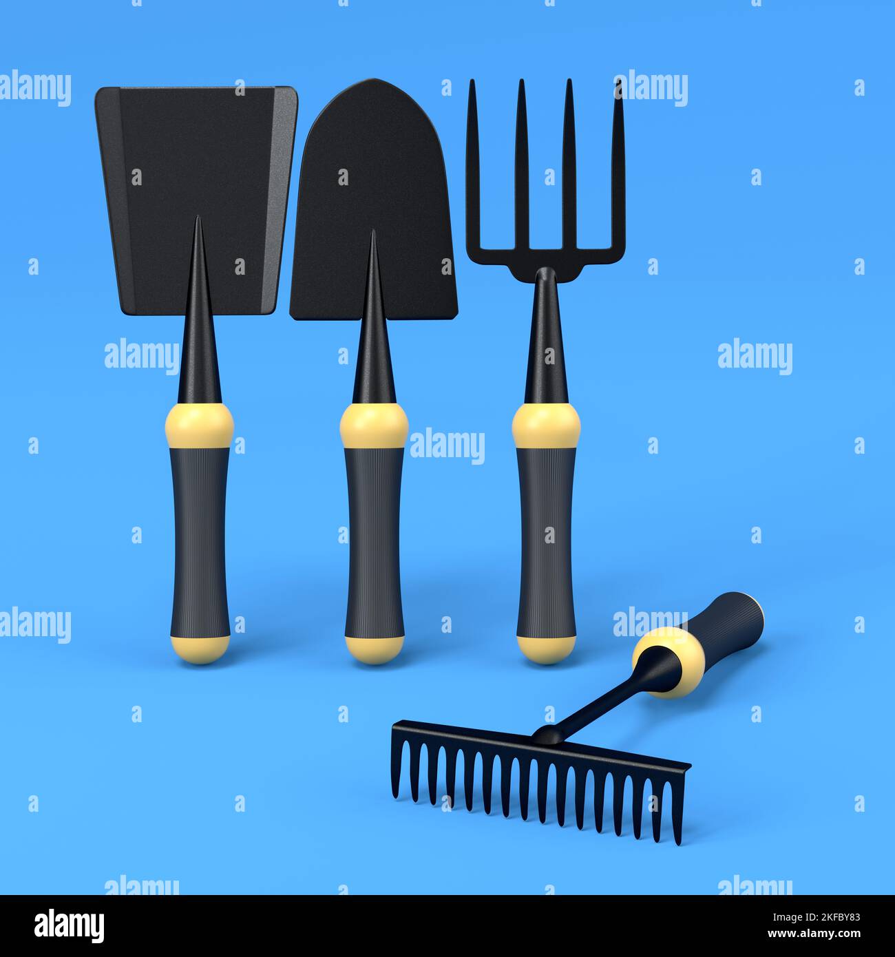 Garden shovel, pitchfork and rake on blue background. 3d render of ...