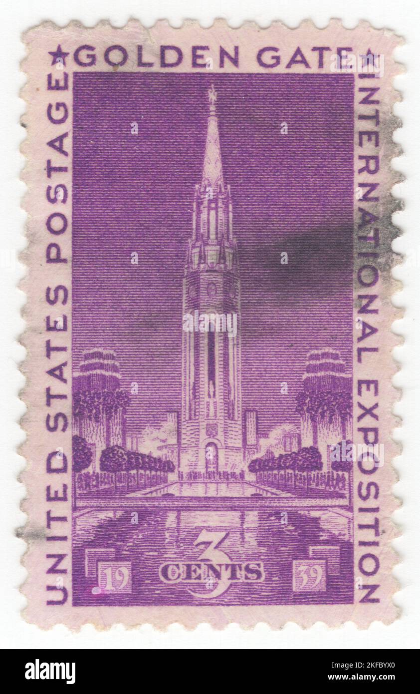 USA - 1939 February 18: An 3 cent bright purple postage stamp depicting Golden Gate International Exposition (GGIE), held at San Francisco's Treasure Island, was a World's Fair celebrating, among other things, the city's two newly built bridges. The San Francisco–Oakland Bay Bridge opened in 1936 and the Golden Gate Bridge in 1937. The exposition opened from February 18, 1939, through October 29, 1939, and from May 25, 1940, through September 29, 1940 Stock Photo