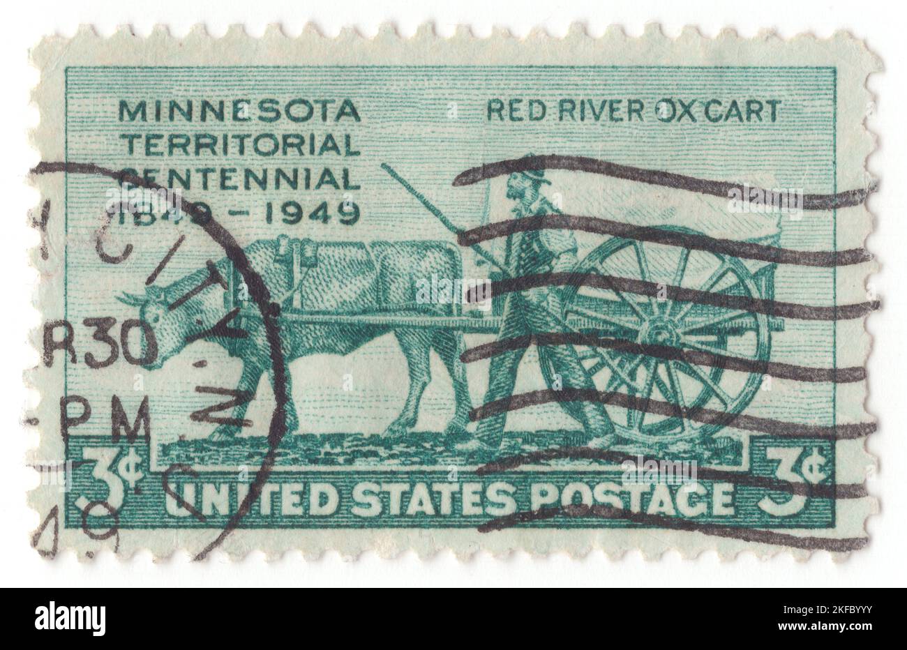 USA - 1949 March 3: An 3 cent blue-green postage stamp depicting Pioneer and Red River Ox Cart. Minnesota Territory Issue. Centenary of the establishment of Minnesota Territory Stock Photo