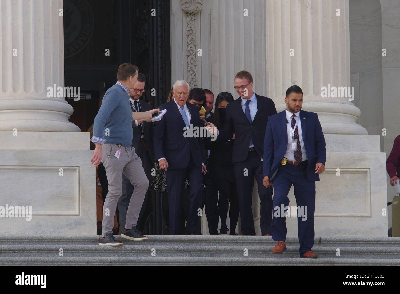 Washington DC, USA. 17 Nov 2022. U.S. Rep. Steny Hoyer (D-Md.) walks out of the Capitol surrounded by staff, security and members of the press. Hoyer, the outgoing House Majority Leader earlier announced he would step down from leadership. Credit: Philip Yabut/Alamy Live News Stock Photo