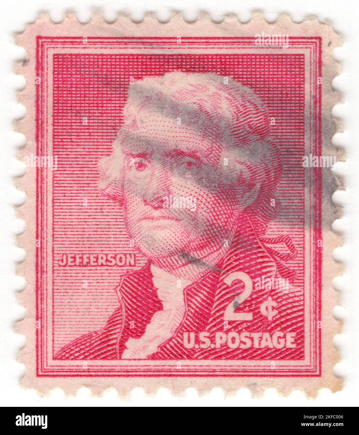 USA - 1954: An 2 cents carmine-rose postage stamp depicting portrait of Thomas Jefferson, American statesman, diplomat, lawyer, architect, philosopher, and Founding Father who served as the third president of the United States from 1801 to 1809. He was previously the second vice president under John Adams and the first United States secretary of state under George Washington. The principal author of the Declaration of Independence, Jefferson was a proponent of democracy, republicanism, and individual rights, motivating American colonists to break from the Kingdom of Great Britain Stock Photo