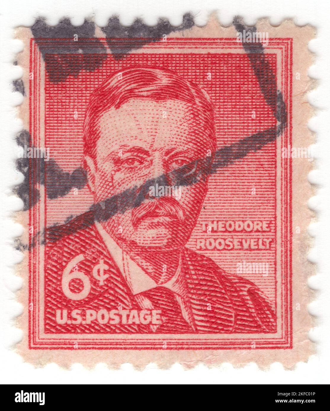 USA - 1955: An 6 cents carmine postage stamp depicting portrait of Theodore Roosevelt Jr., often referred to as Teddy or by his initials, T. R., was an American politician, statesman, soldier, conservationist, naturalist, historian, and writer who served as the 26th president of the United States from 1901 to 1909. He previously served as the 25th vice president under President William McKinley from March to September 1901 and as the 33rd governor of New York from 1899 to 1900. Assuming the presidency after McKinley's assassination, Roosevelt emerged as a leader of the Republican Party Stock Photo