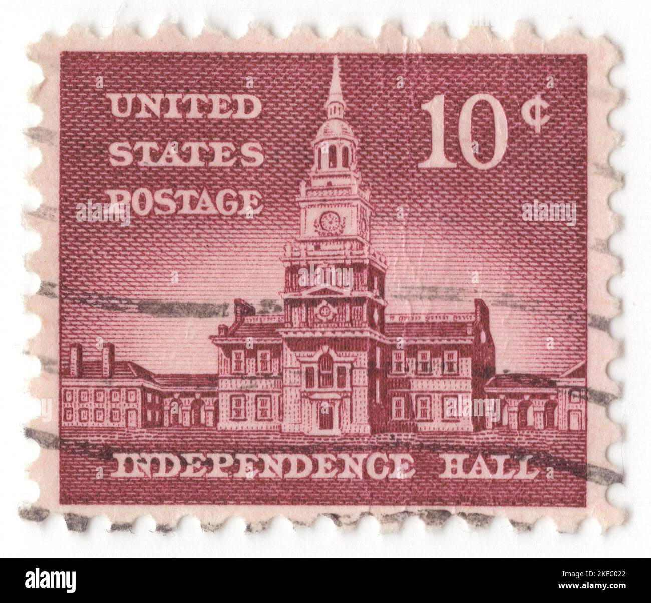 USA - 1956: An 10 cents rose-lake Independence Hall is a historic civic building in Philadelphia, where both the United States Declaration of Independence and the United States Constitution were debated and adopted by America's Founding Fathers. The building was completed in 1753 as the Pennsylvania State House and served as the capitol for the Province and Commonwealth of Pennsylvania until the state capital moved to Lancaster in 1799. It was the principal meeting place of the Second Continental Congress from 1775 to 1781 and was the site of the Constitutional Convention in the summer of 1787 Stock Photo