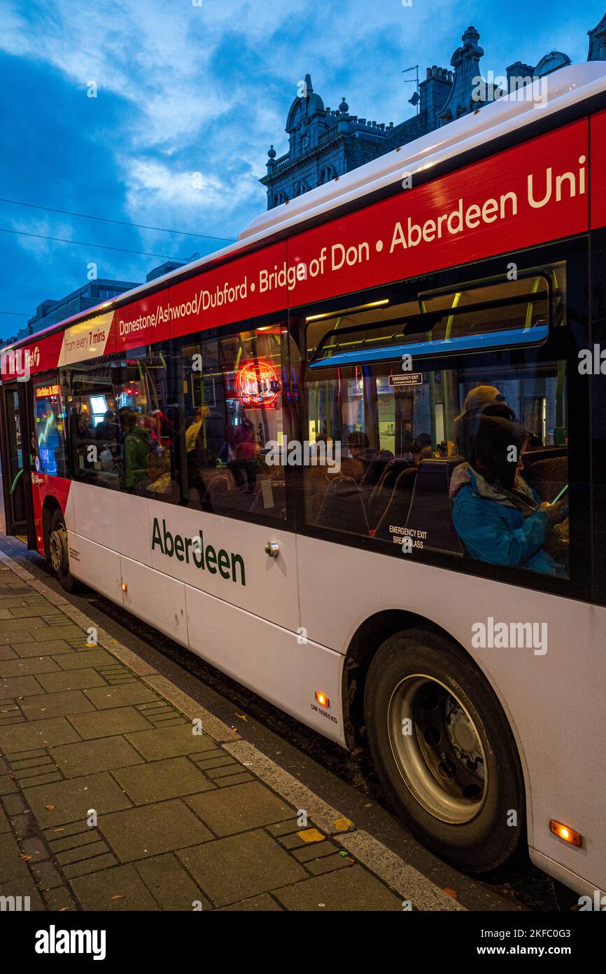 First Aberdeen Bus - Aberdeen bus in the Aberdeen City Centre. Aberdeen Public Transport. First Aberdeen is part of FirstGroup plc Stock Photo