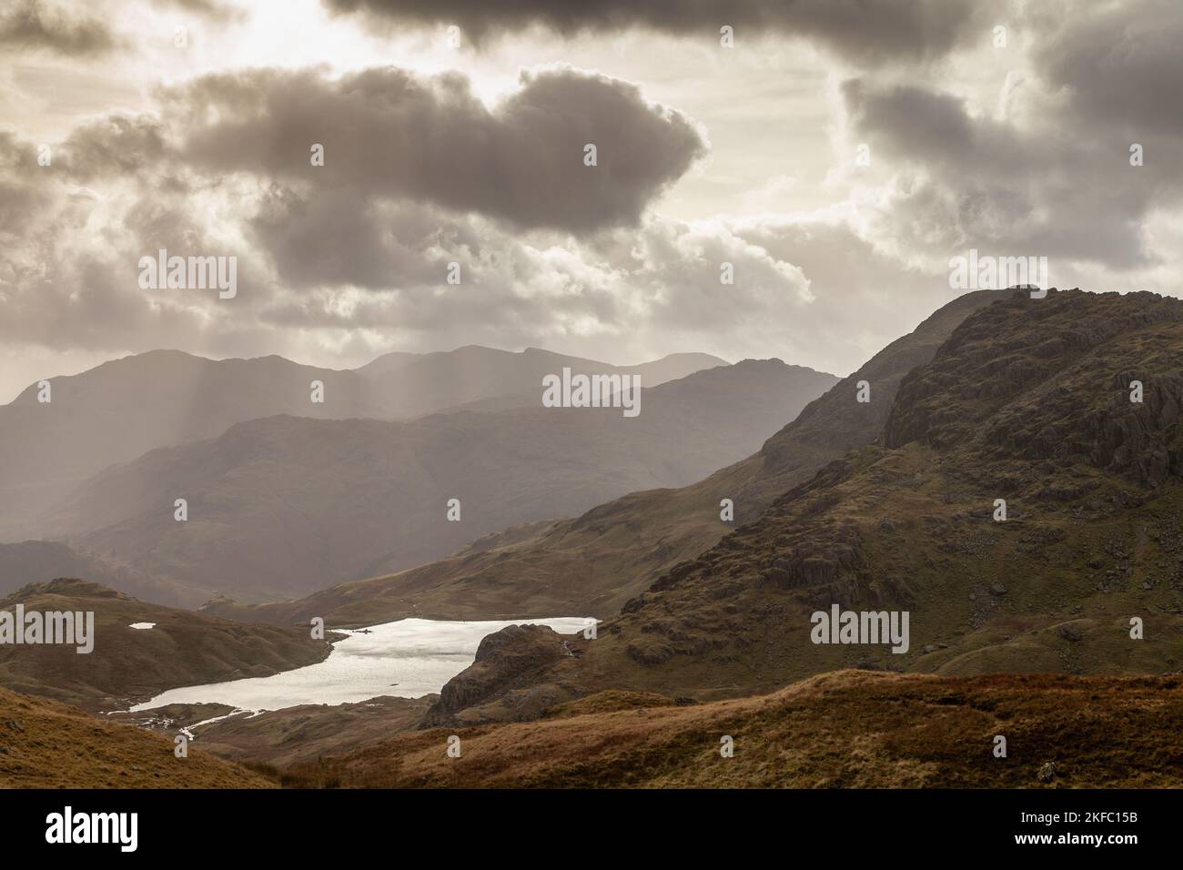 Stickle Tarn is a small tarn near Harrison Stickle in Lake District, England Stock Photo