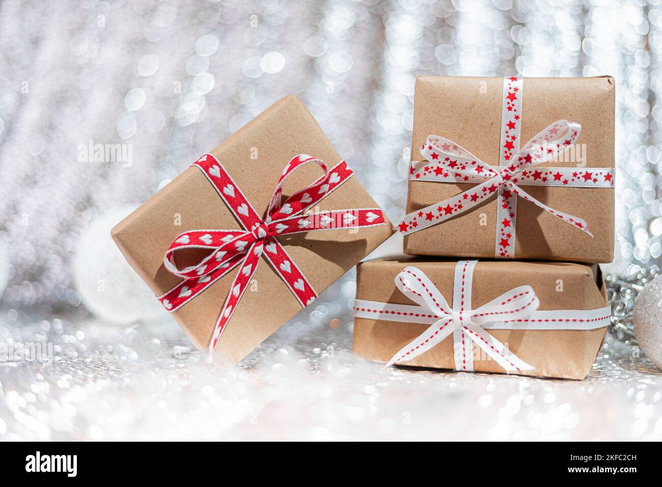 Three gift box different type of gift box. Kraft paper gift box. Stock Photo