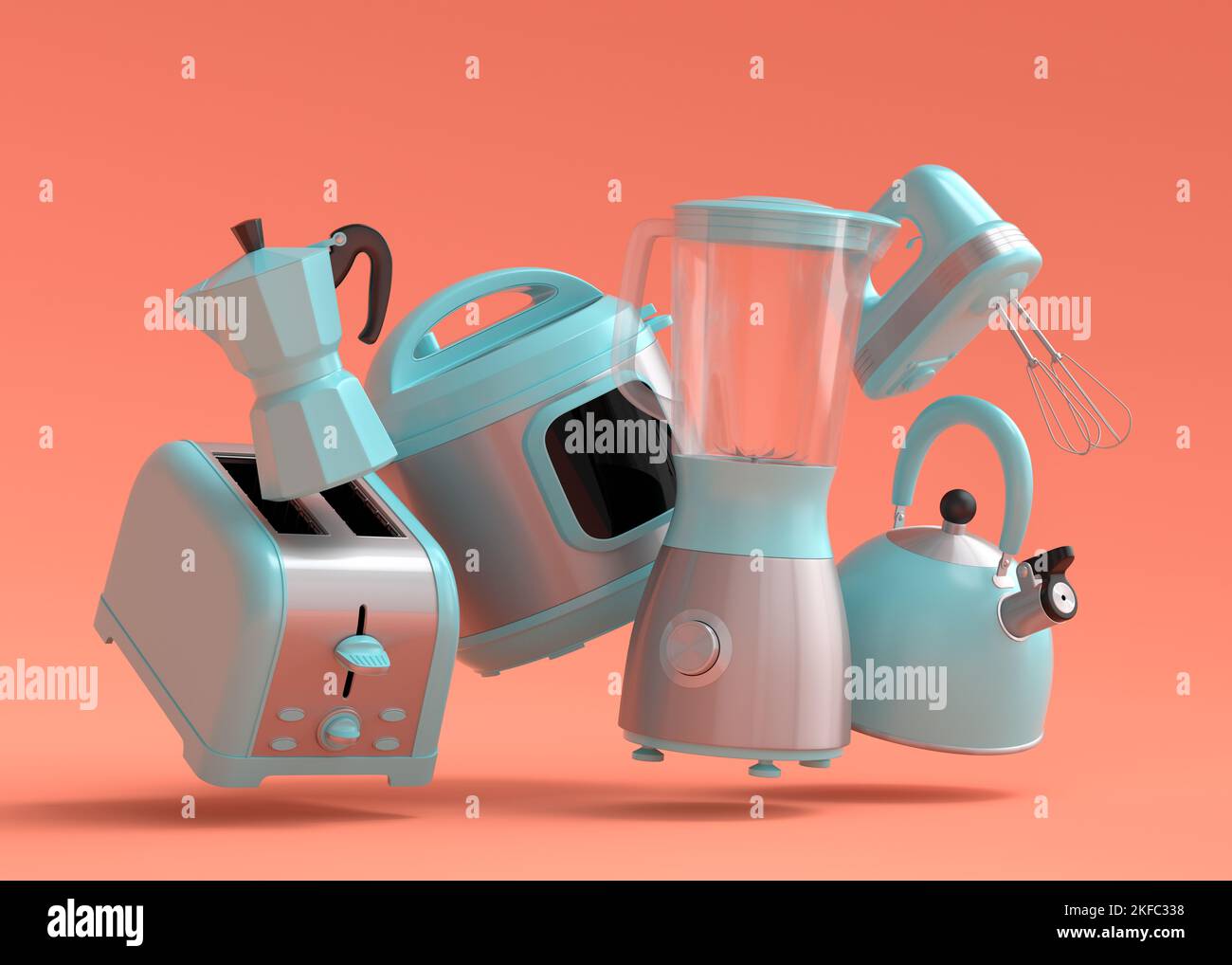 Electric kitchen appliances and utensils for making breakfast on coral