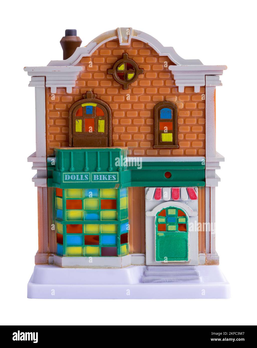 Plastic Toy Shop Miniature Building Christmas Ornament Front View. Stock Photo