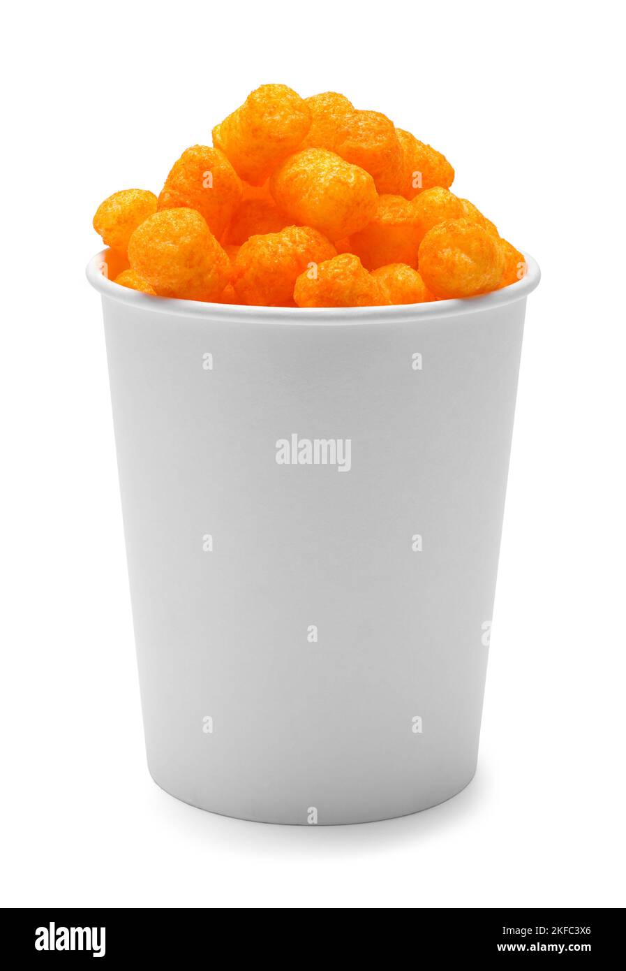 Tub of Cheese Puff Balls Cut Out on White. Stock Photo
