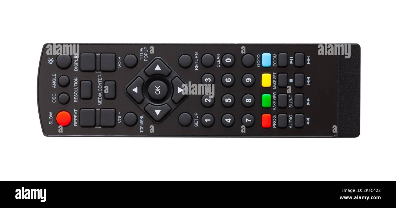 Black Television Remote with Keypad Cut Out on White. Stock Photo