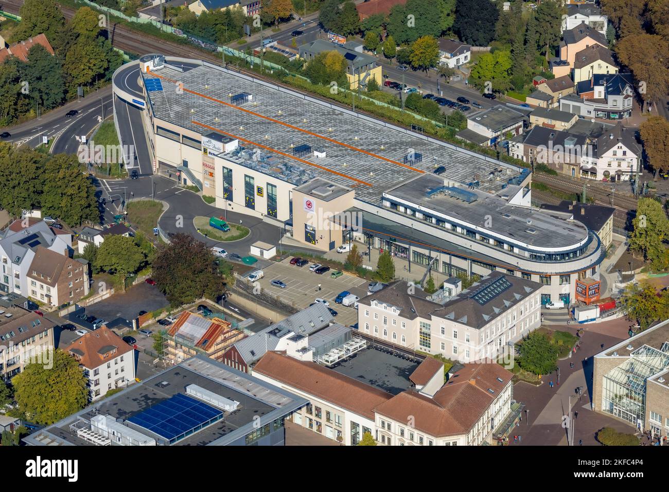 Aerial view, new building shopping center Neue Mühle, Kantstraße and Beethovenring, Unna, Ruhr area, North Rhine-Westphalia, Germany, DE, Shopping, Sh Stock Photo
