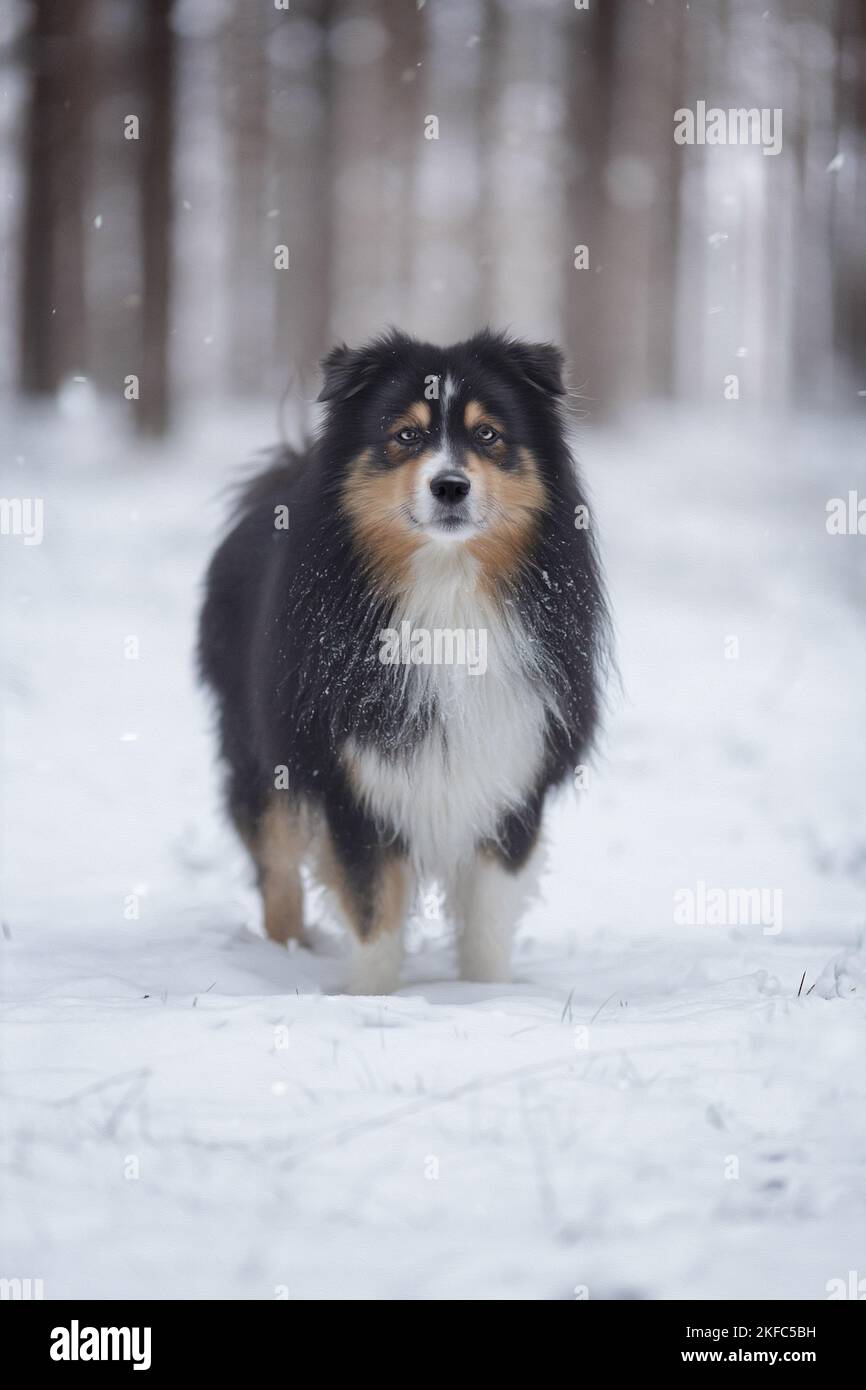Miniature Australian Shepherd in winter Stock Photo