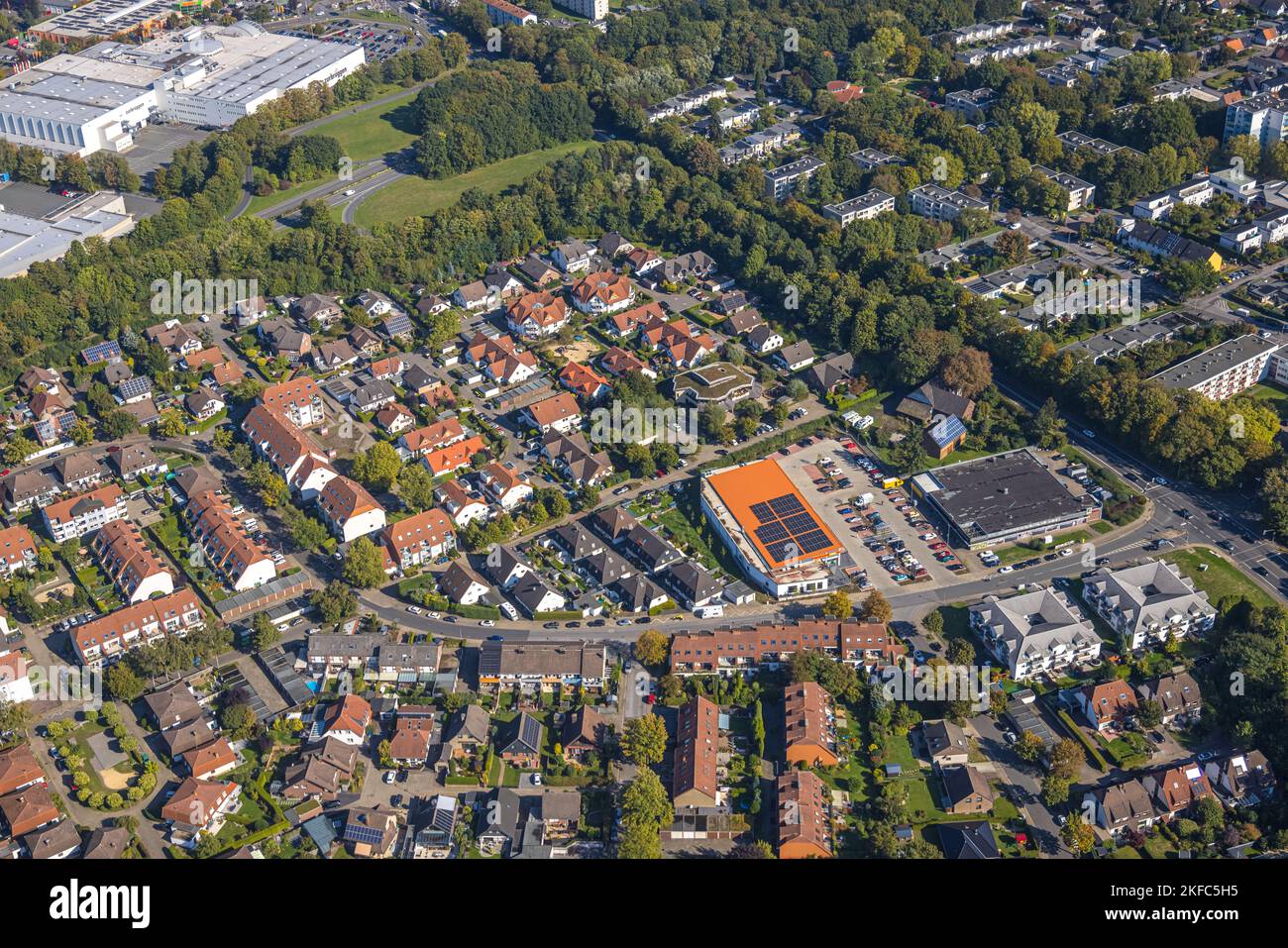 Aerial view, housing estate with Edeka and Norma supermarket, Am