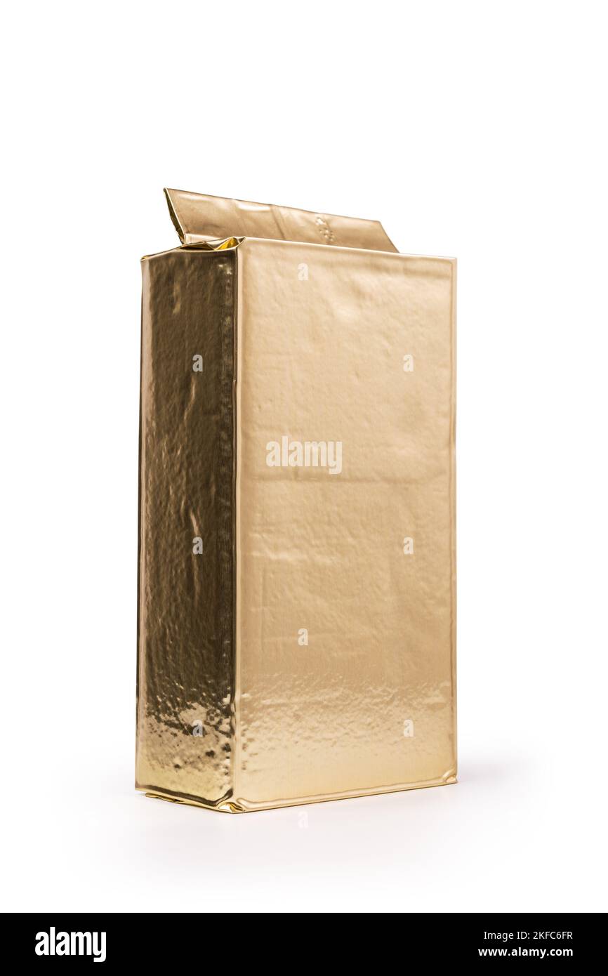 Mockup or template of golden foil vacuum packaging for ground coffee as