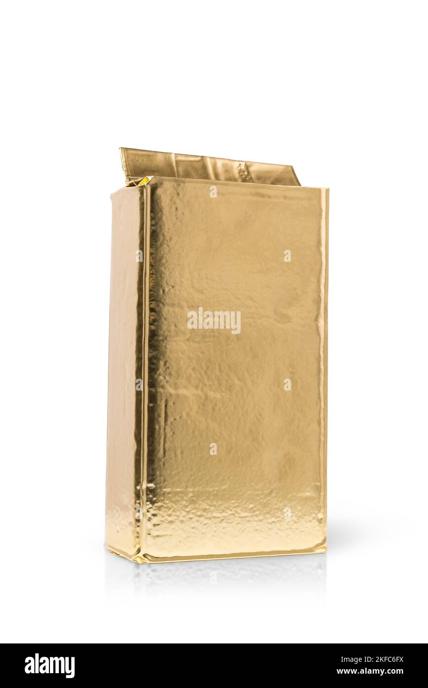 Mockup or template of golden foil vacuum packaging for ground coffee as