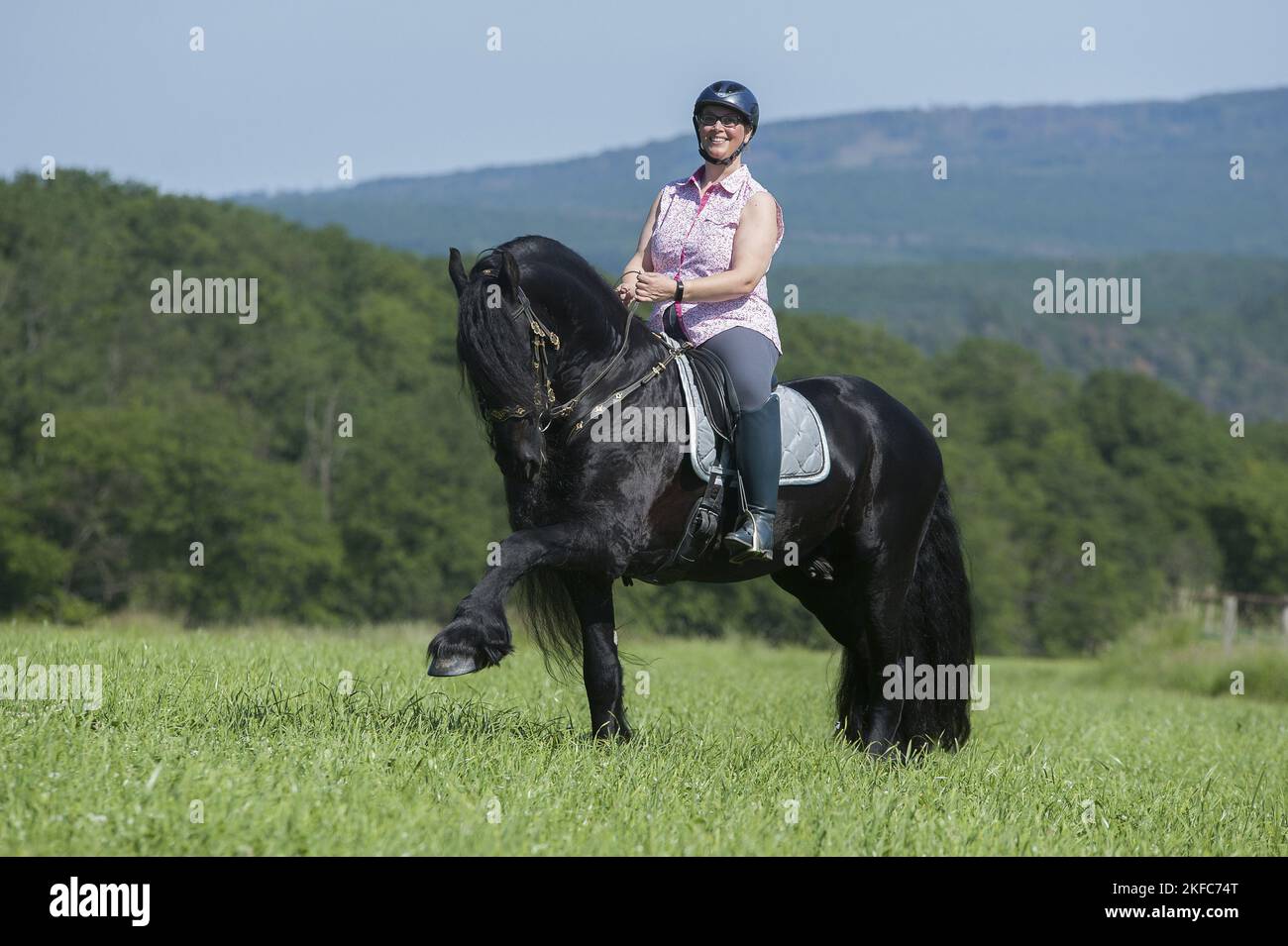 woman rides Friesian horse Stock Photo - Alamy
