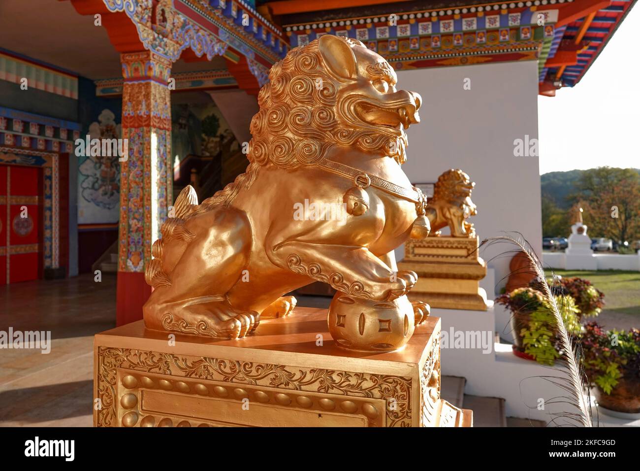 A side view of a golden Fu dog statue outside a temple Stock Photo Alamy