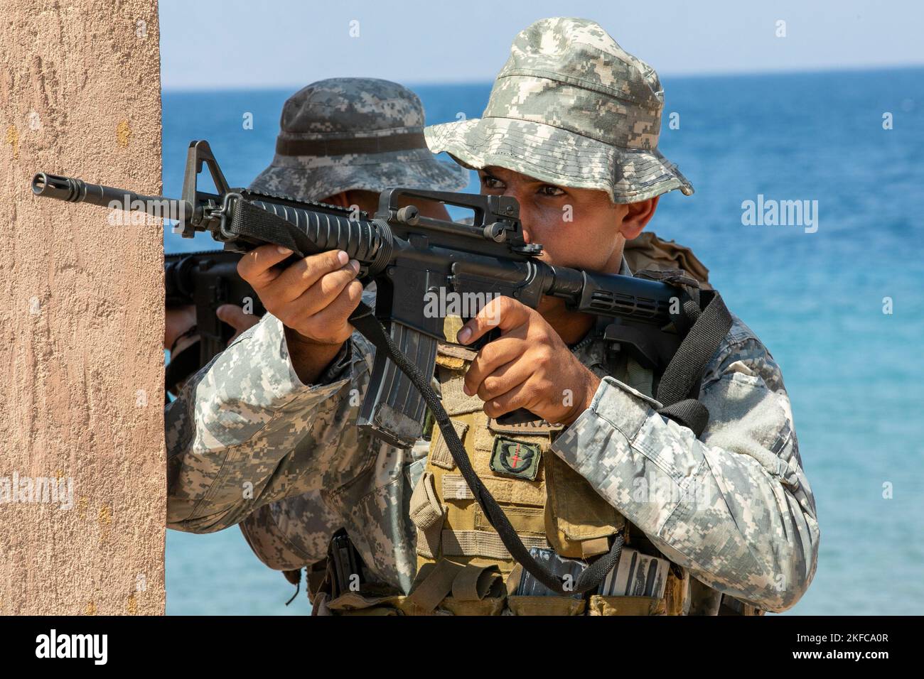 AQABA, Jordan - Lebanese service members assigned to the Lebanese Marine  Commando Regiment conduct over the beach operations during the Eager Lion  training exercise at Camp Badger in Aqaba, Jordan, September 6,