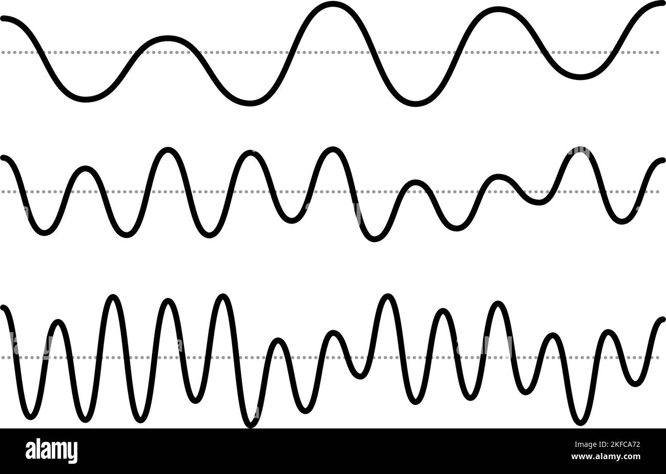 Sinusoid signals set. Black curve sound waves collection. Voice or music audio concept. Pulse lines. Electronic radio signals with different frequency Stock Vector