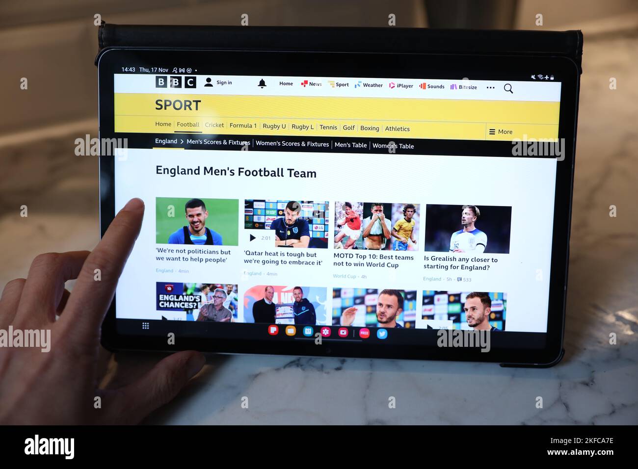 London, UK. 17 November, 2022. A tablet screening BBC Sport website, at a home in London. Picture date: Thursday November 17, 2022. Credit: Isabel Infantes/Empics/Alamy Live News Stock Photo