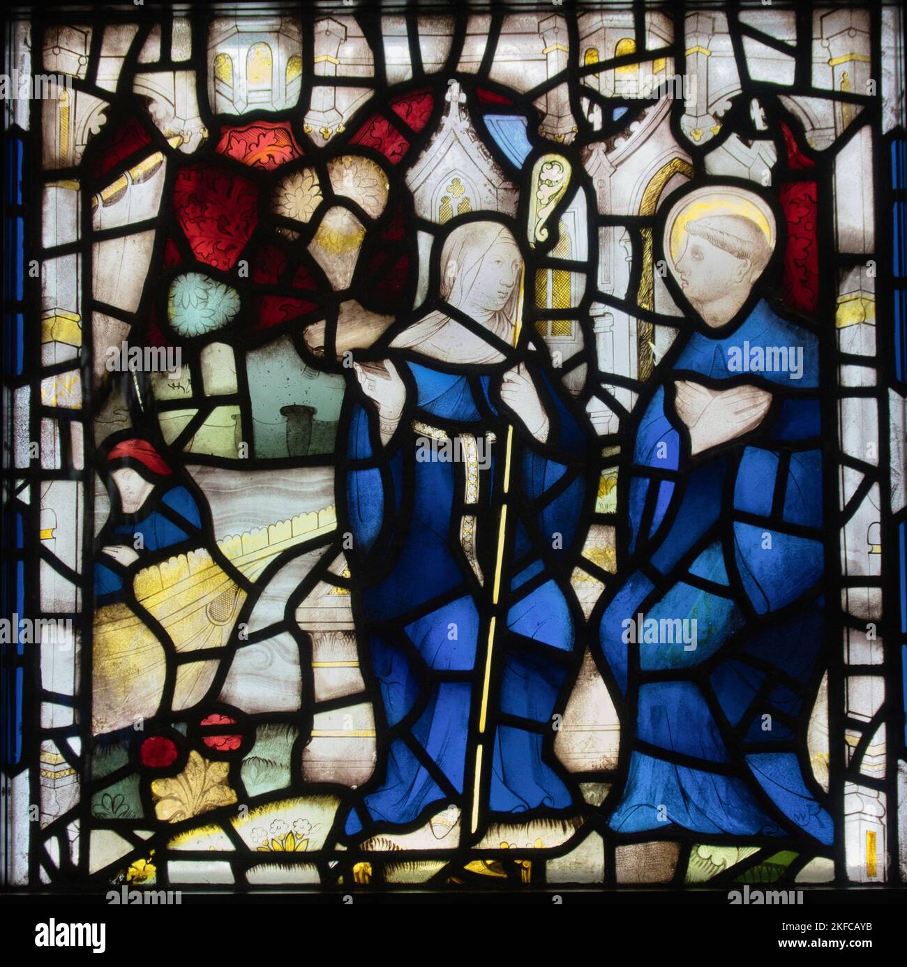 Stainedglass panel featuring St.Cuthbert and Abbess Aelflede on
