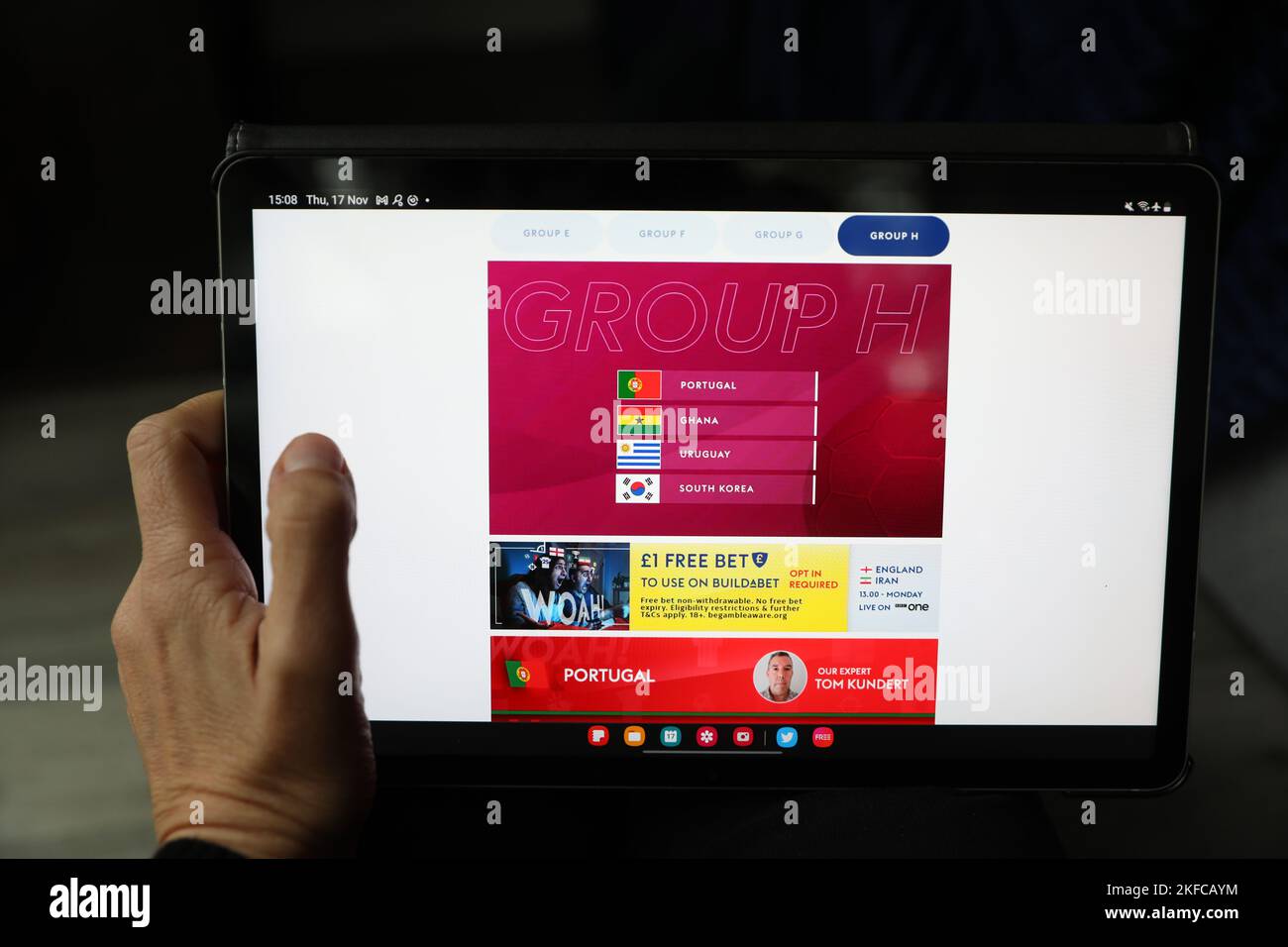 London, UK. 17 November, 2022. A tablet screening the group stage H for FIFA World Cup 2022, at a home in London. Picture date: Thursday November 17, 2022. Credit: Isabel Infantes/Empics/Alamy Live News Stock Photo