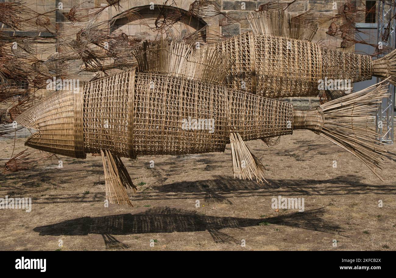 Model fish made of basketwork at Lichtenfels, Bavaria, Germany Stock Photo