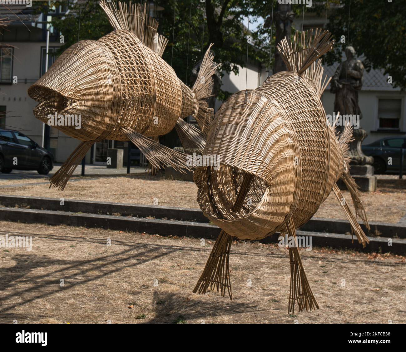Model fish made of basketwork at Lichtenfels, Bavaria, Germany Stock Photo
