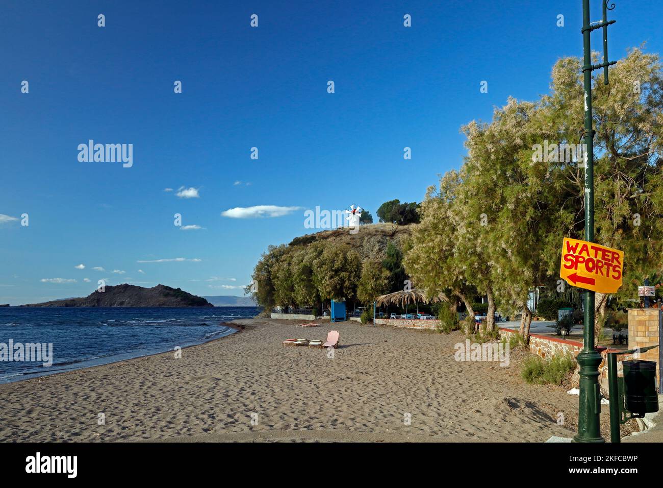 Water sports sign at Anaxos beach. Lesbos views October 2022. Autumn. End of tourist season, closing down for the winter. Stock Photo