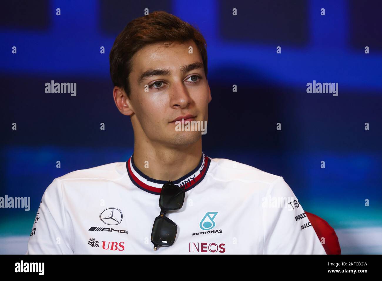 Abu Dhabi, United Arab Emirates. November 17, 2022 George Russell of Mercedes attends a press conference during  Formula 1 Abu Dhabi Grand Prix at Yas Marina Circuit on November 17, 2022 in Abu Dhabi, United Arab Emirates. Stock Photo