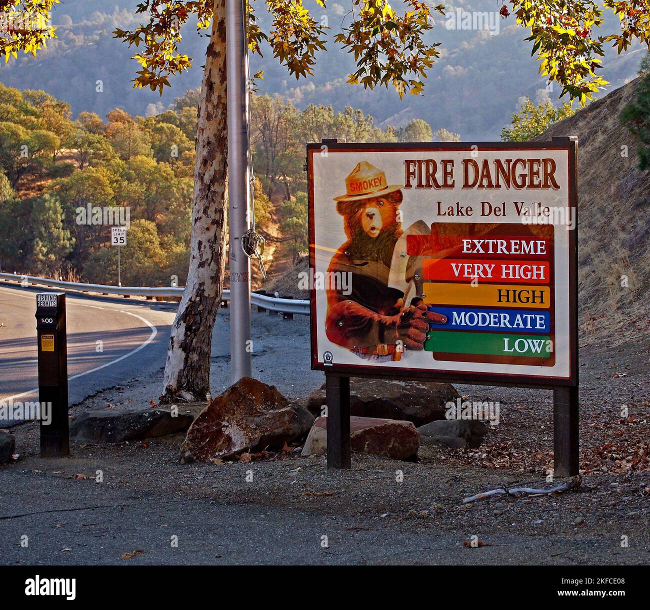 Smokey the Bear moderate fire danger sign at entrance to Lake Del Valle Regional Park in Livermore, California Stock Photo