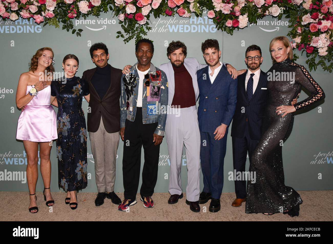 November 16, 2022, Westwood, California, USA: (L-R) Claire Scanlon, Kristen Bell, Karan Soni, Isaach de Bankole, Dustin Milligan, Ben Platt, Jorma Taccone and Allison Janney attend the Los Angeles Premiere Of Prime Video's ''The People We Hate At The Wedding' (Credit Image: © Billy Bennight/ZUMA Press Wire) Stock Photo