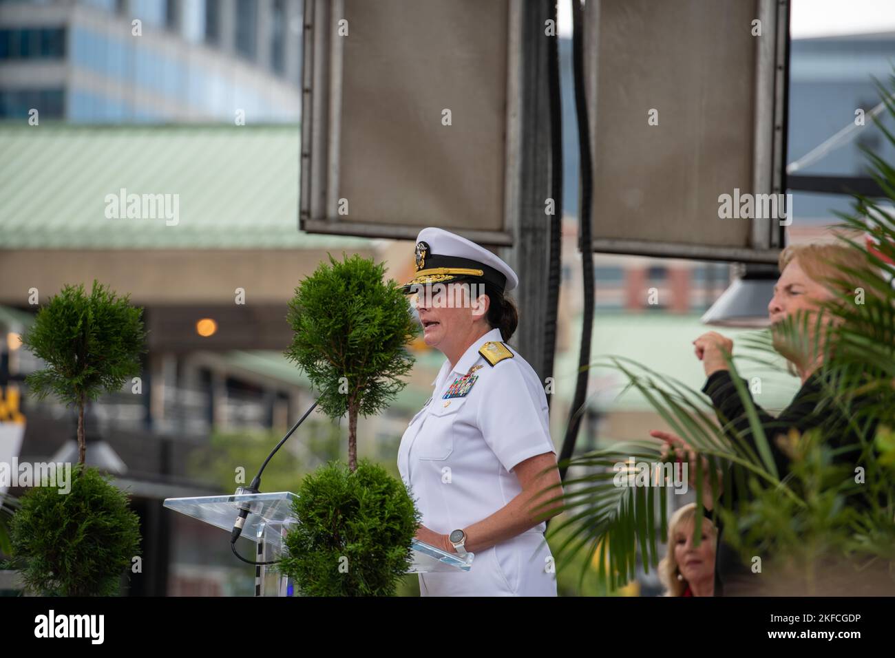 BALTIMORE (Sep 7, 2022) Rear Adm. Nancy Lacore, Commandant Naval District Washington, speaks during the welcoming ceremony at the start of Maryland Fleet Week and Flyover, Sept. 7, 2022. Maryland Fleet Week and Flyover is Baltimore’s celebration of the sea services and provides an opportunity for the citizens of Maryland and the city of Baltimore to meet Sailors, Marines and Coast Guardsmen, as well as see firsthand the latest capabilities of today’s maritime services. Stock Photo